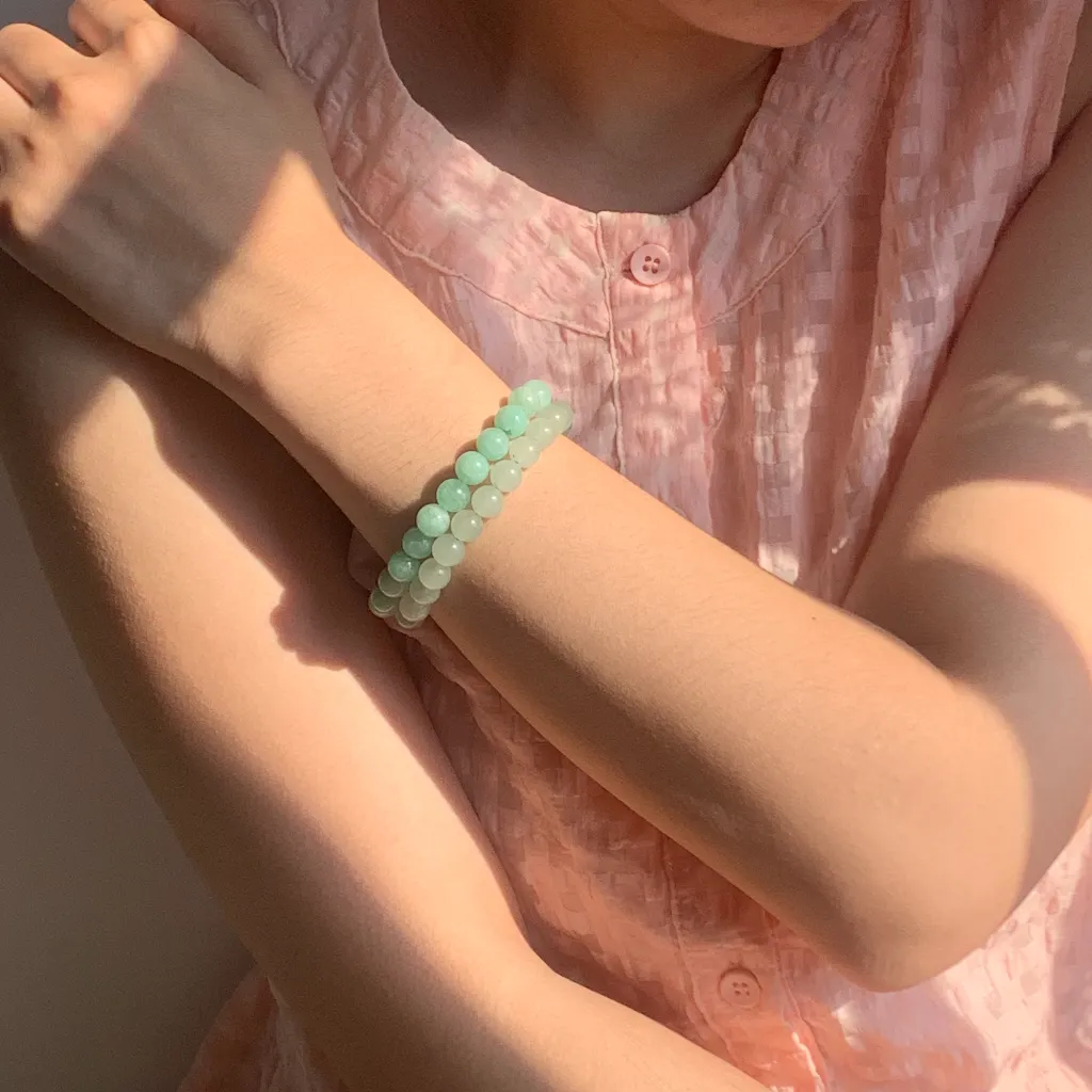 Burmese Jade Bracelet layered with Green Aventurine Bracelet on the wrist - a stacked everyday styling
