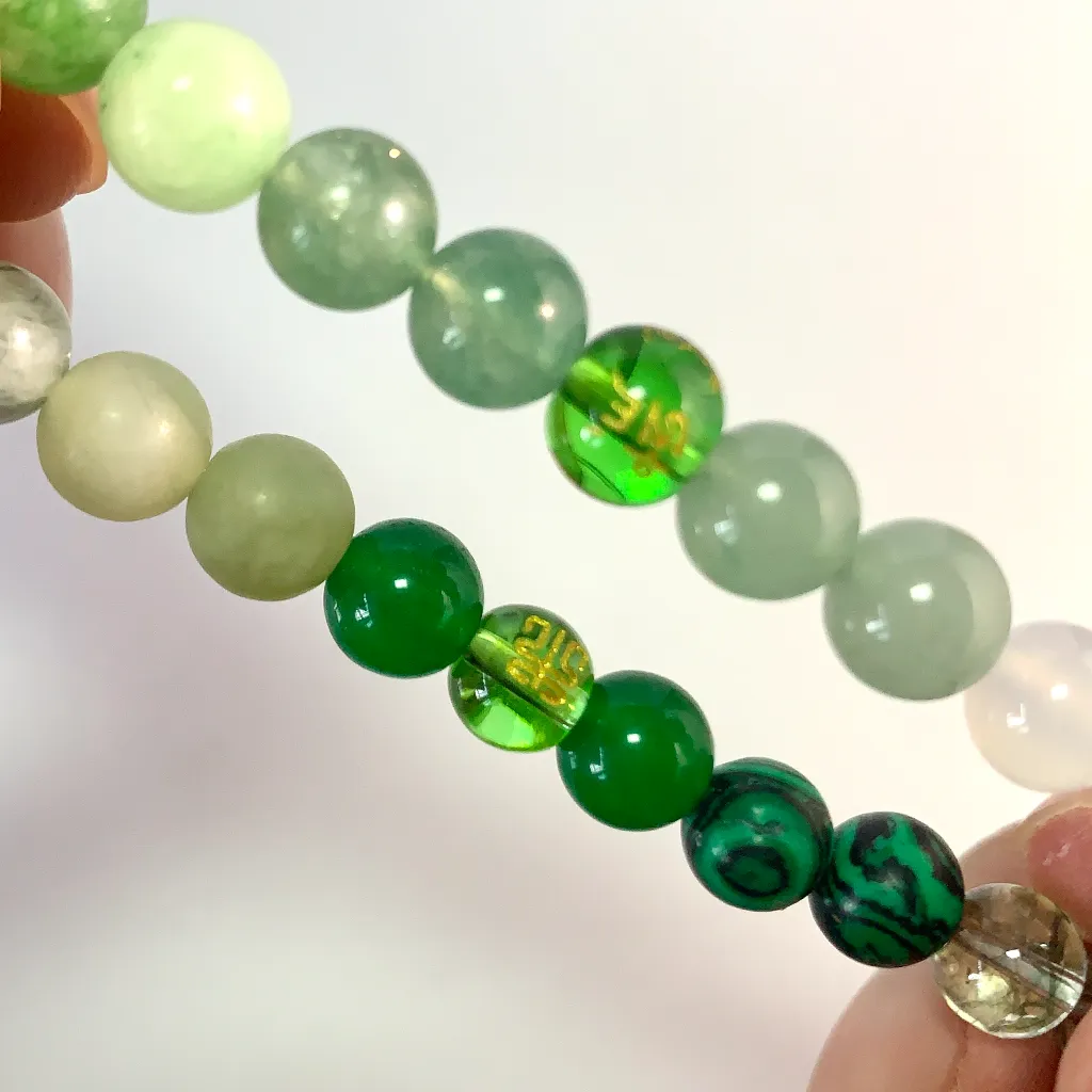 Wood Element Bracelet in 8mm natural green crystals on elastic cord