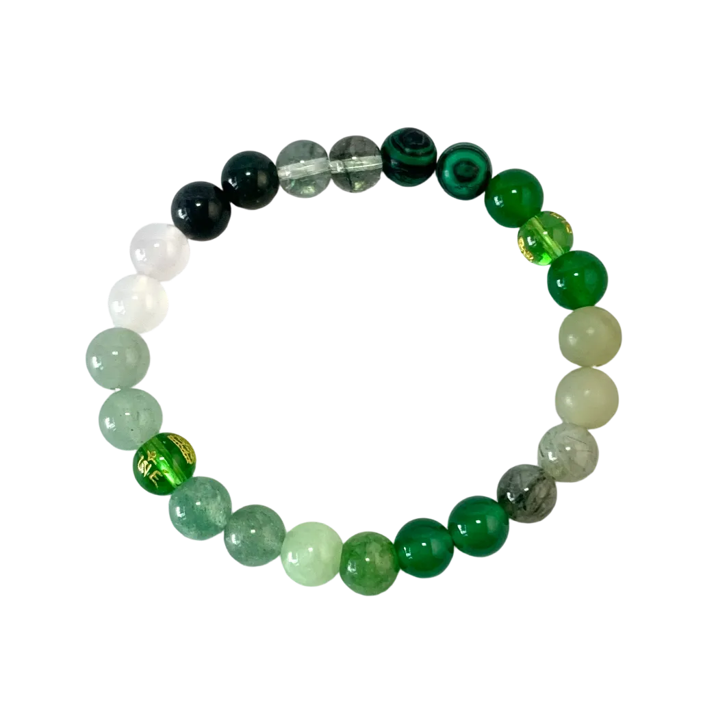 Wood Element Bracelet in 8mm natural green crystals on elastic cord